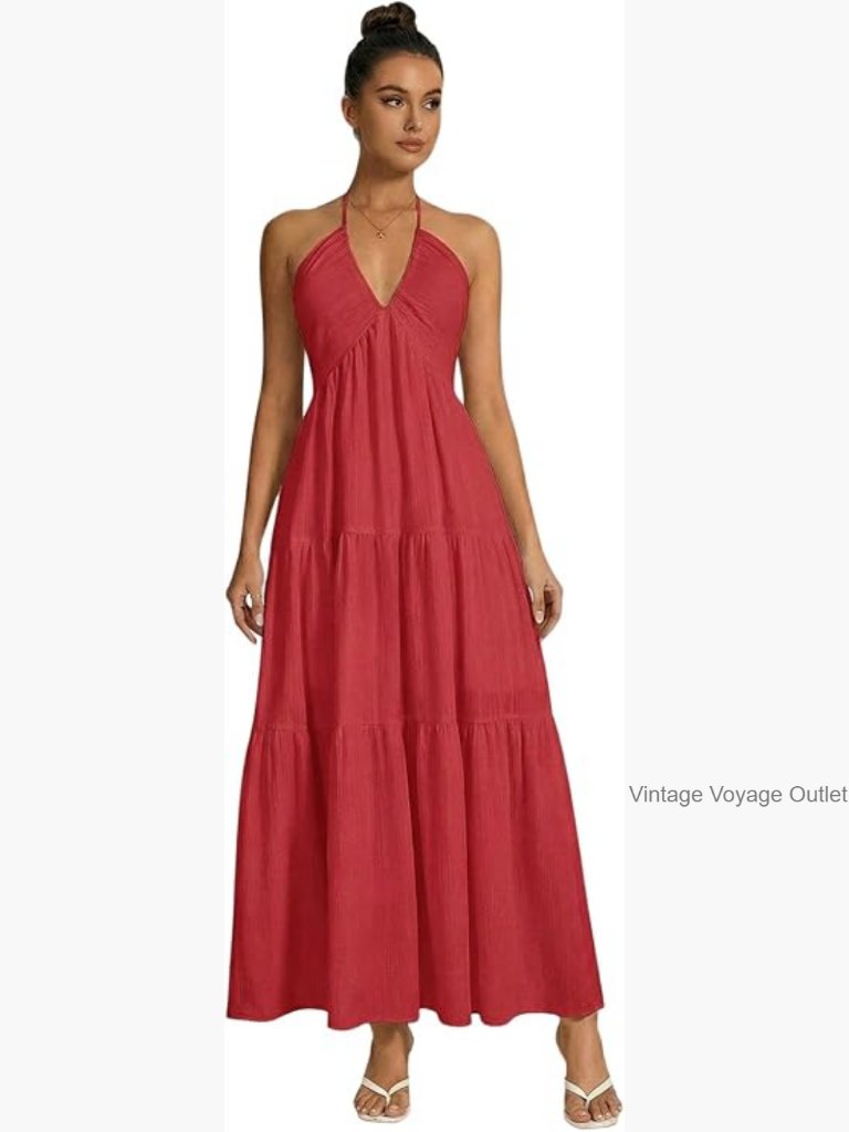 Women's Halter Neck Backless Maxi Dress Flowy Ruched Tiered Summer Vacation